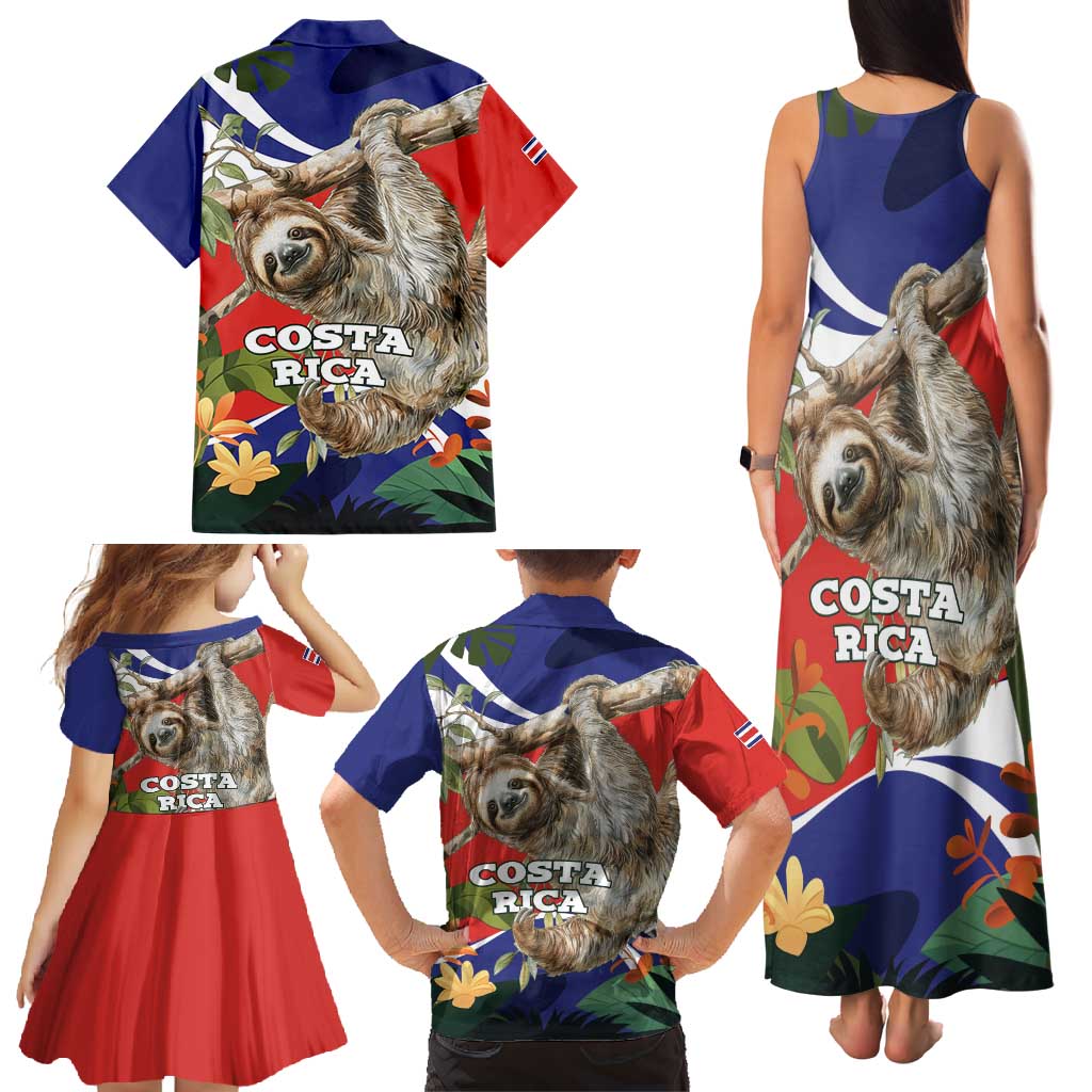 Pura Vida Costa Rica Sloth Family Matching Tank Maxi Dress and Hawaiian Shirt Tropical Flowers Flag Color - Wonder Print Shop