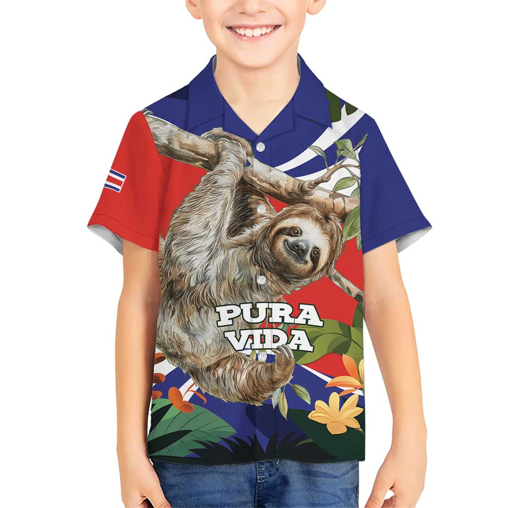 Pura Vida Costa Rica Sloth Kid Hawaiian Shirt Tropical Flowers Flag Color - Wonder Print Shop