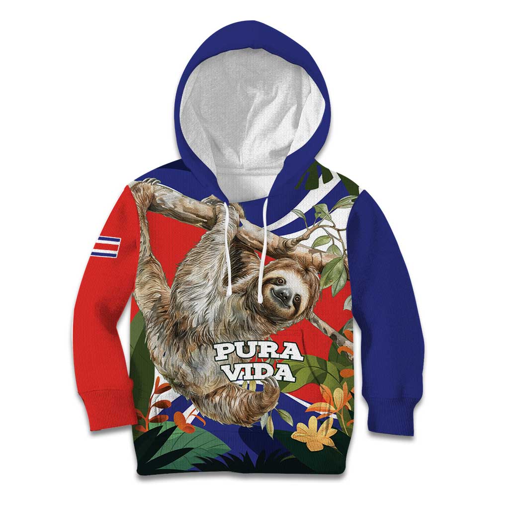 Pura Vida Costa Rica Sloth Kid Hoodie Tropical Flowers Flag Color - Wonder Print Shop