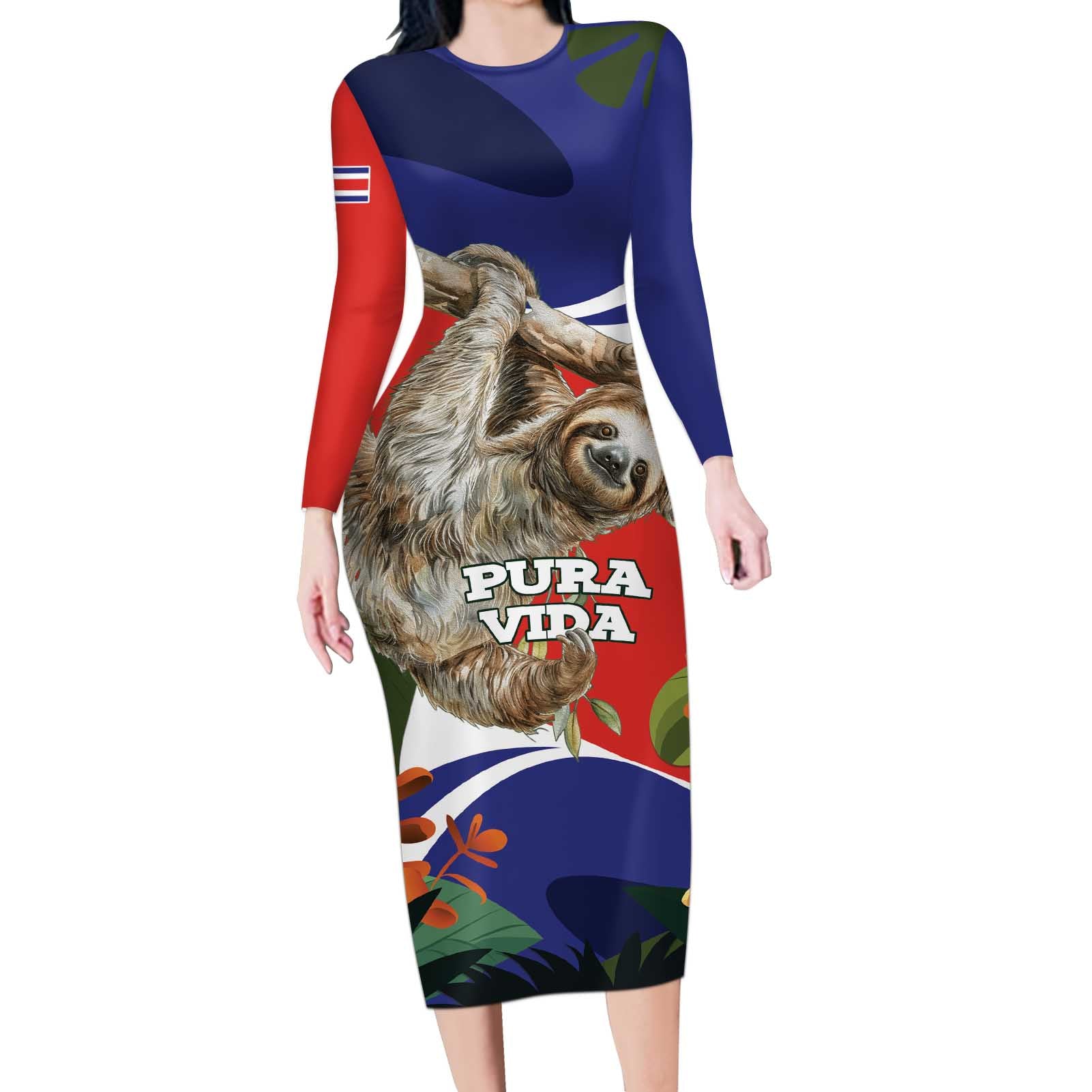 Pura Vida Costa Rica Sloth Long Sleeve Bodycon Dress Tropical Flowers Flag Color - Wonder Print Shop