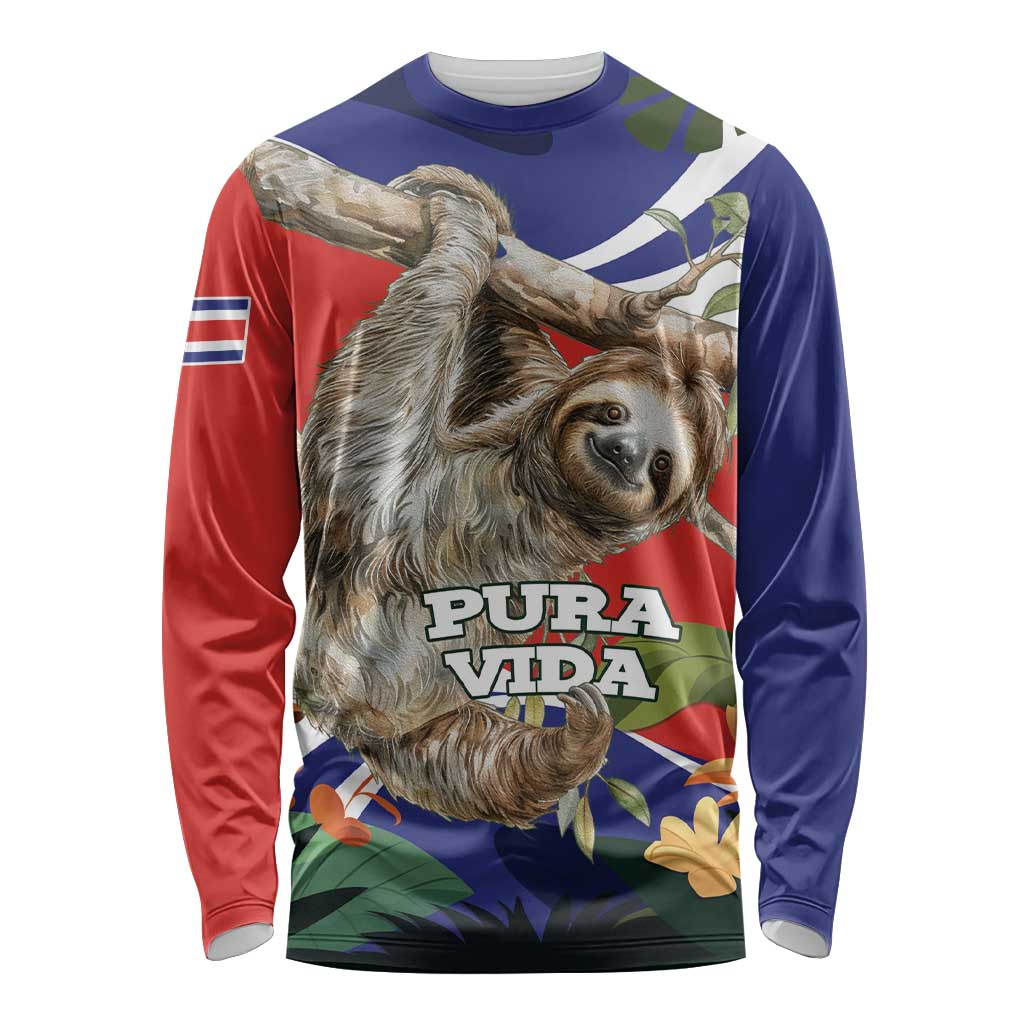 Pura Vida Costa Rica Sloth Long Sleeve Shirt Tropical Flowers Flag Color - Wonder Print Shop