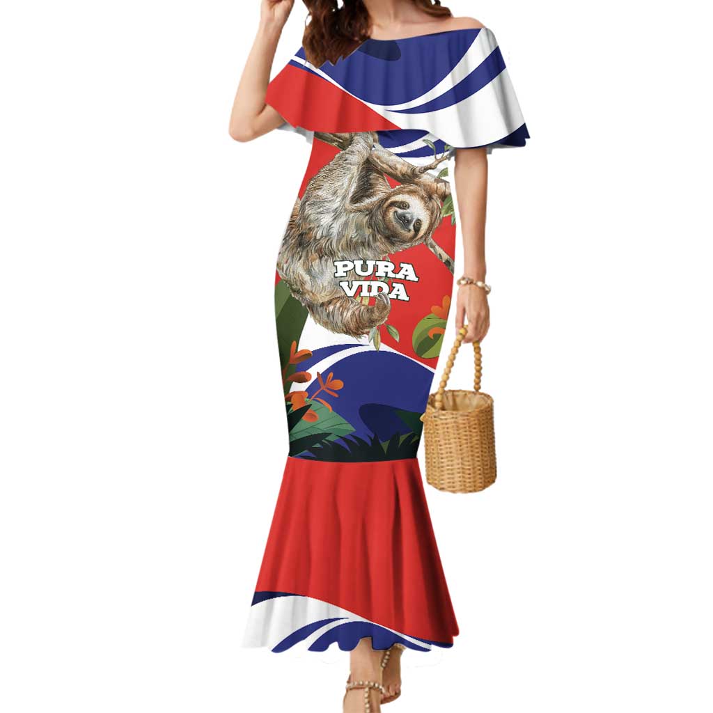 Pura Vida Costa Rica Sloth Mermaid Dress Tropical Flowers Flag Color - Wonder Print Shop