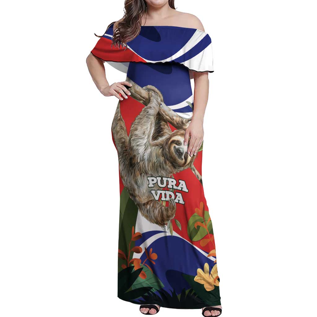 Pura Vida Costa Rica Sloth Off Shoulder Maxi Dress Tropical Flowers Flag Color - Wonder Print Shop