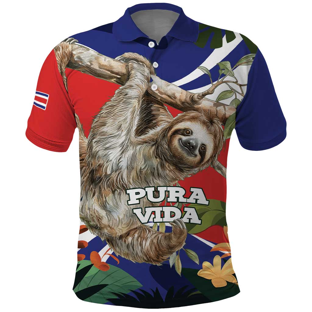 Pura Vida Costa Rica Sloth Polo Shirt Tropical Flowers Flag Color - Wonder Print Shop