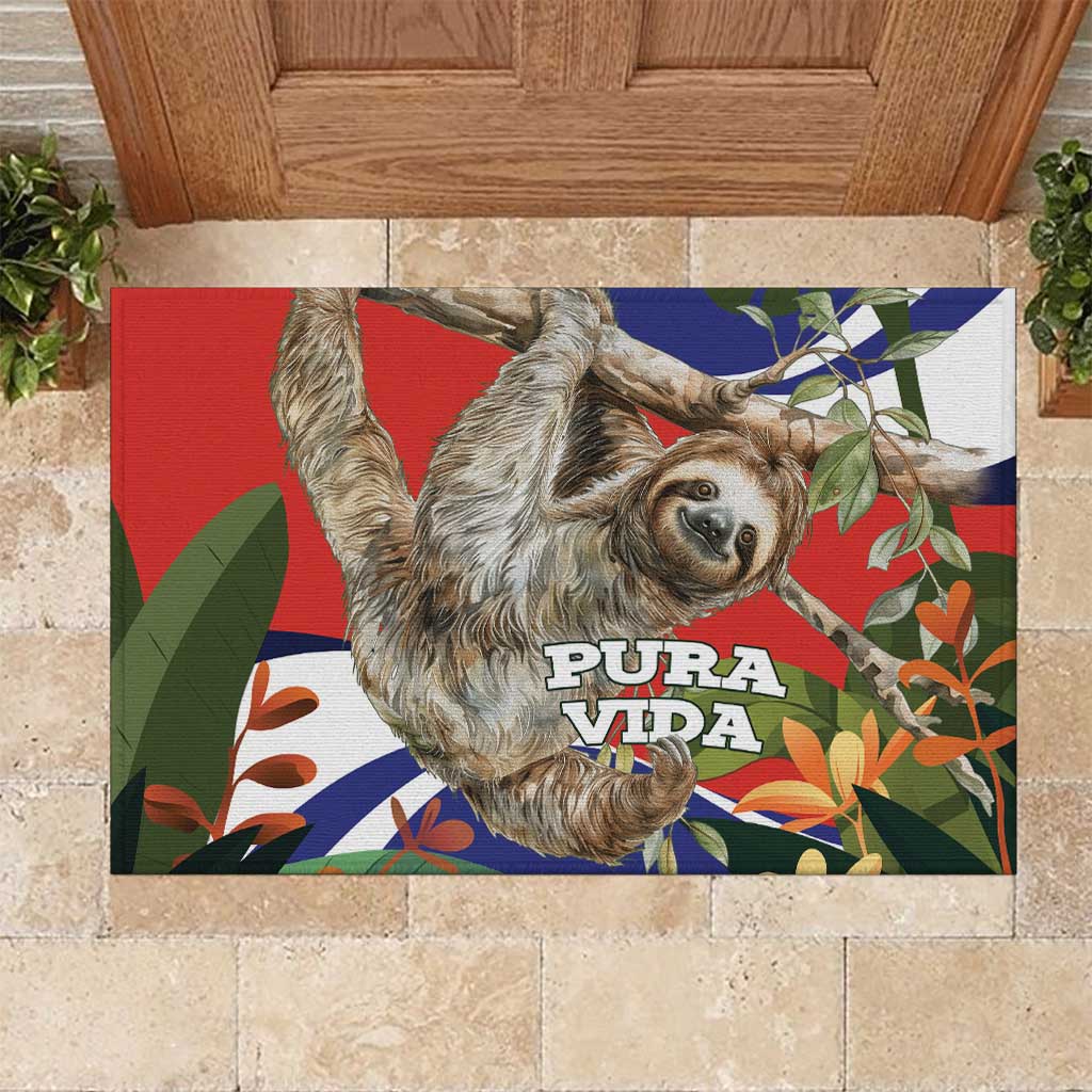 Pura Vida Costa Rica Sloth Rubber Doormat Tropical Flowers Flag Color - Wonder Print Shop