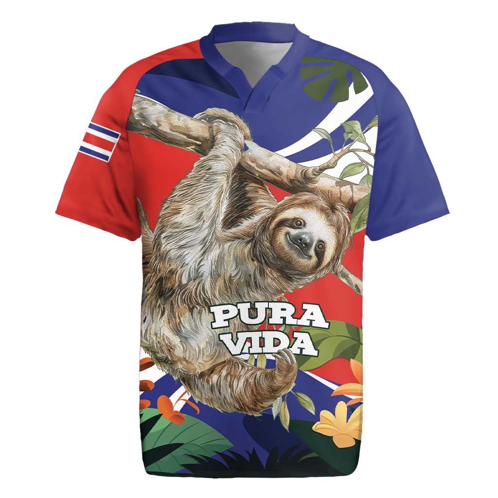 Pura Vida Costa Rica Sloth Rugby Jersey Tropical Flowers Flag Color - Wonder Print Shop