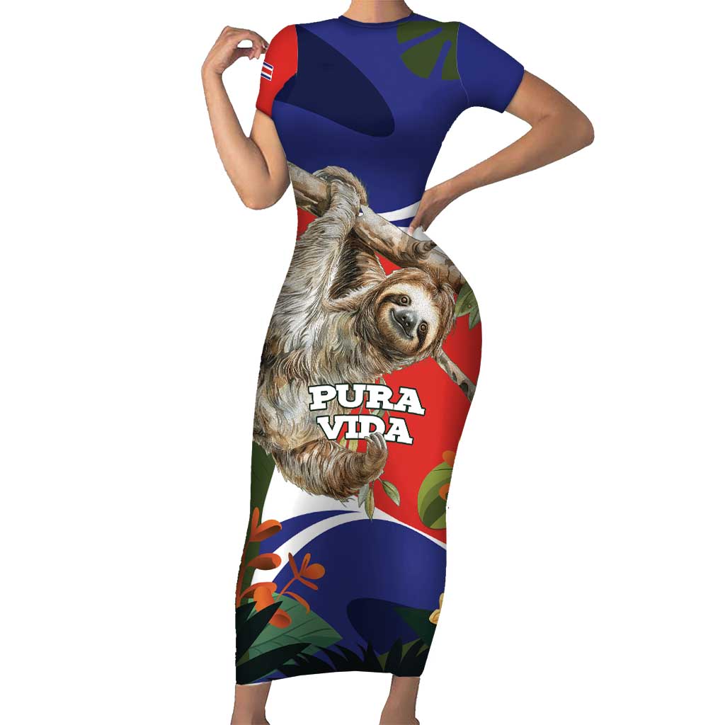 Pura Vida Costa Rica Sloth Short Sleeve Bodycon Dress Tropical Flowers Flag Color - Wonder Print Shop