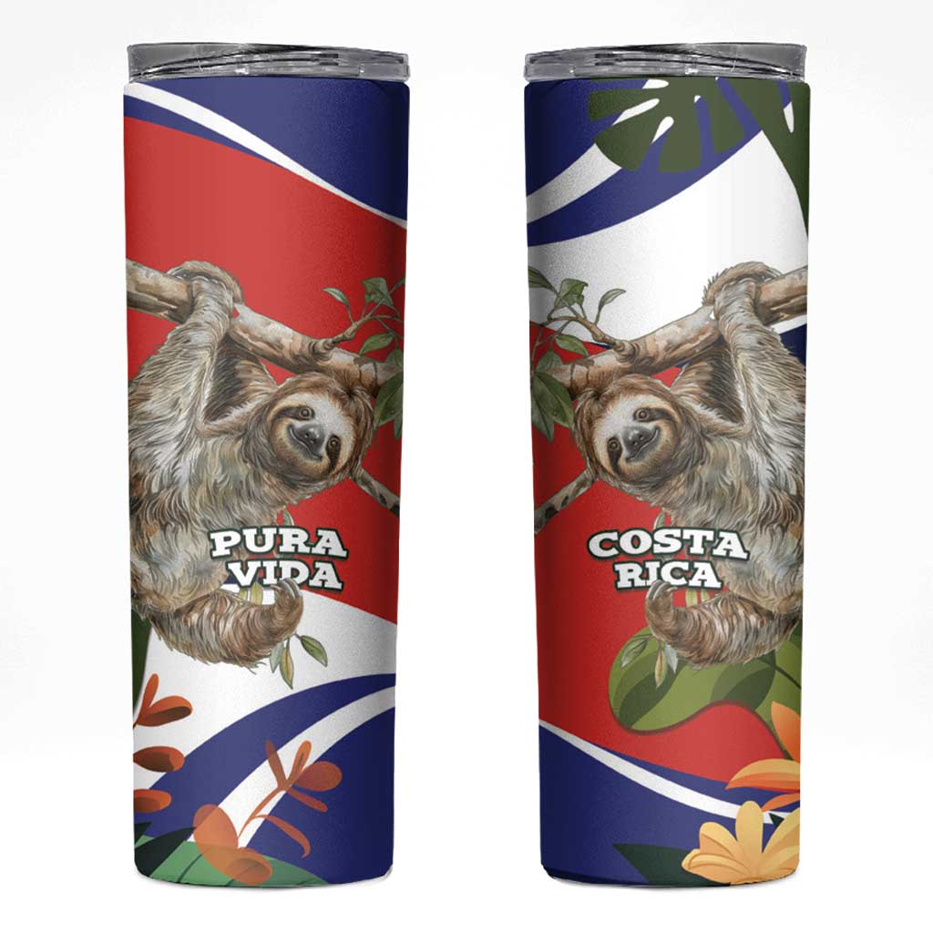 Pura Vida Costa Rica Sloth Skinny Tumbler Tropical Flowers Flag Color - Wonder Print Shop