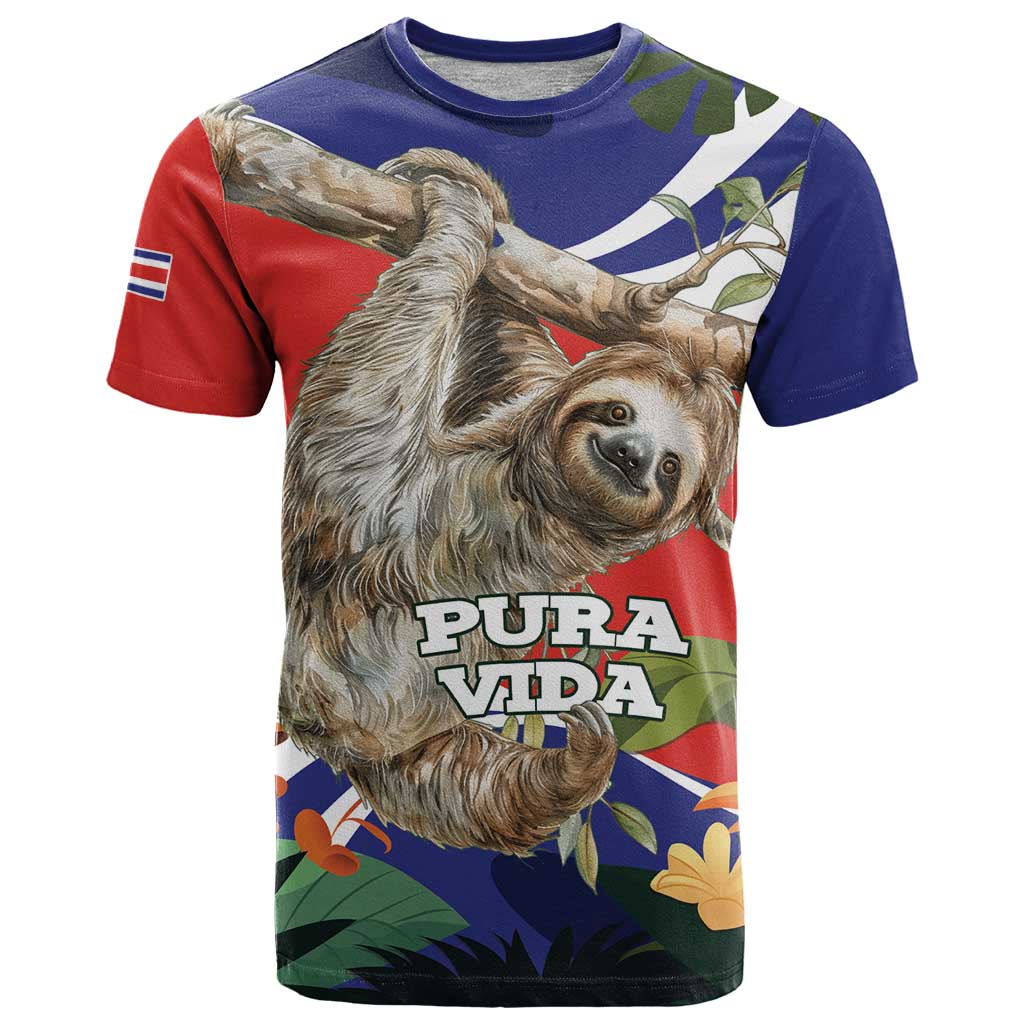 Pura Vida Costa Rica Sloth T Shirt Tropical Flowers Flag Color - Wonder Print Shop