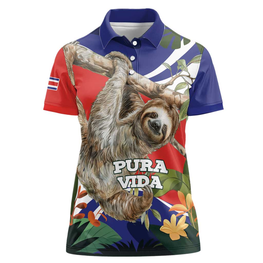 Pura Vida Costa Rica Sloth Women Polo Shirt Tropical Flowers Flag Color - Wonder Print Shop