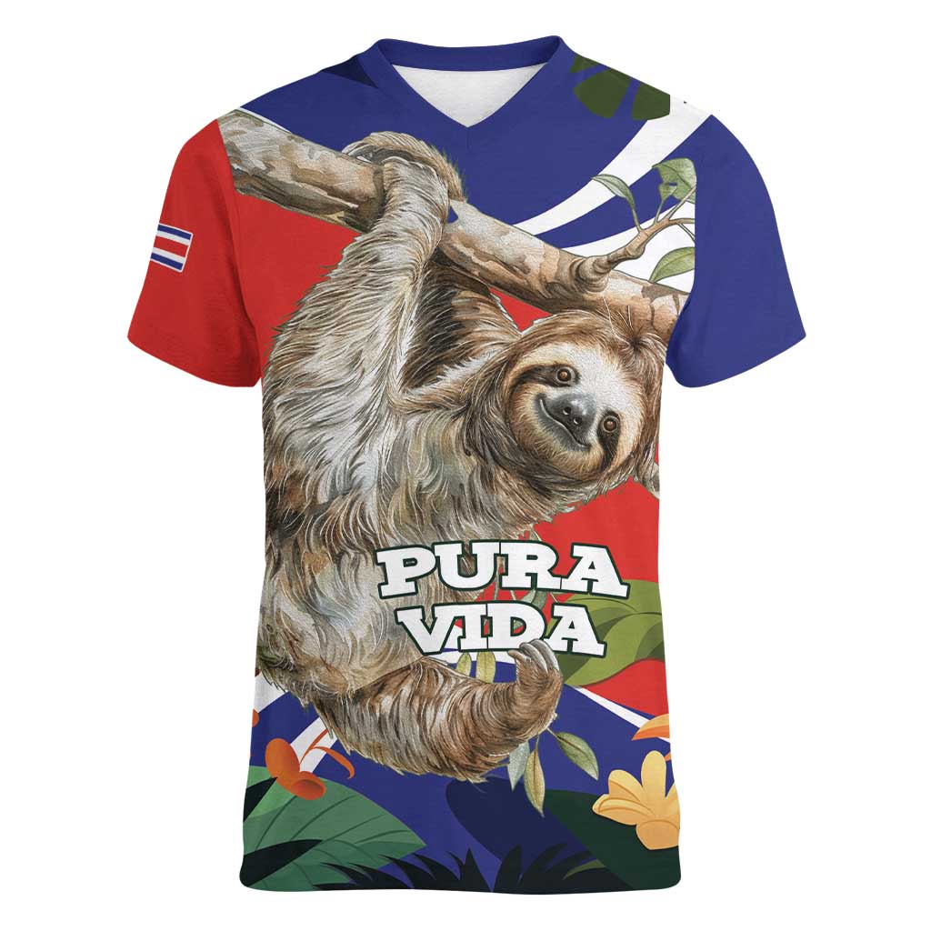 Pura Vida Costa Rica Sloth Women V-Neck T-Shirt Tropical Flowers Flag Color - Wonder Print Shop