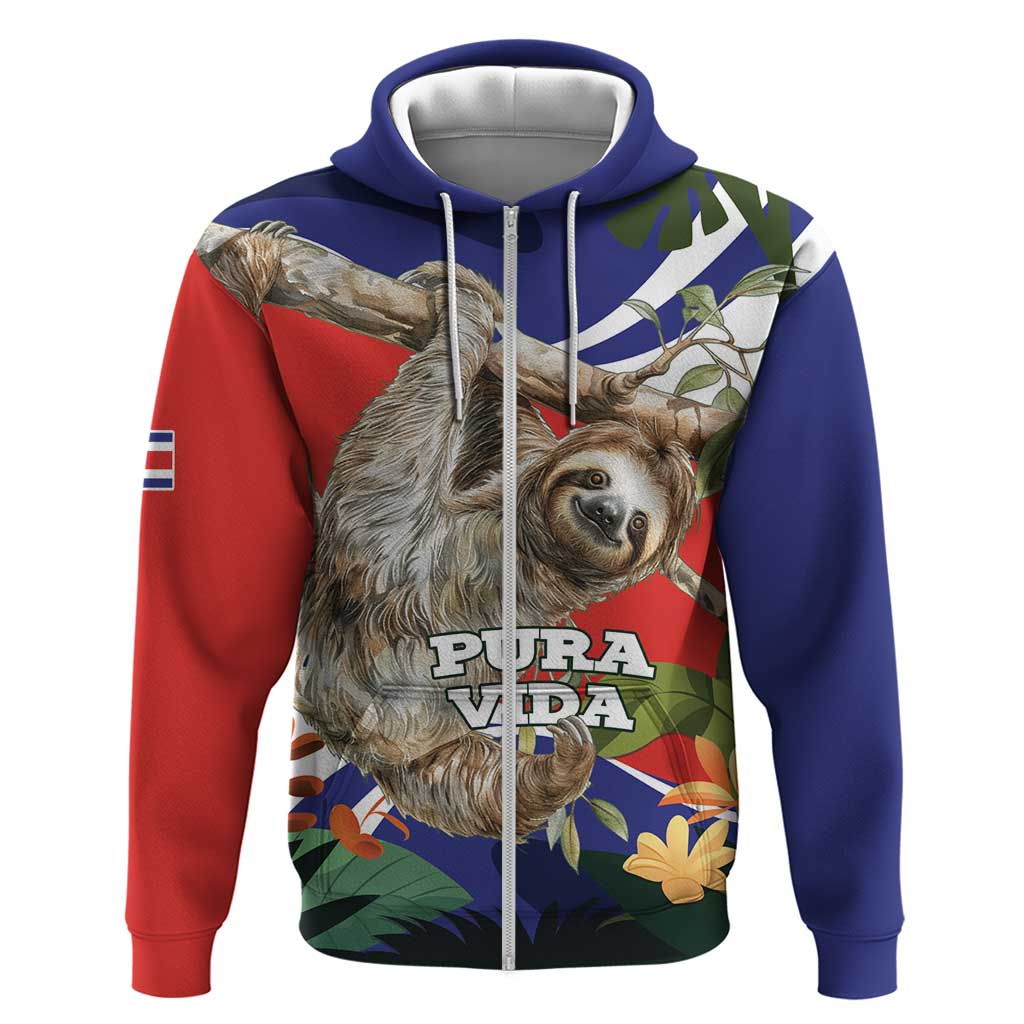 Pura Vida Costa Rica Sloth Zip Hoodie Tropical Flowers Flag Color - Wonder Print Shop