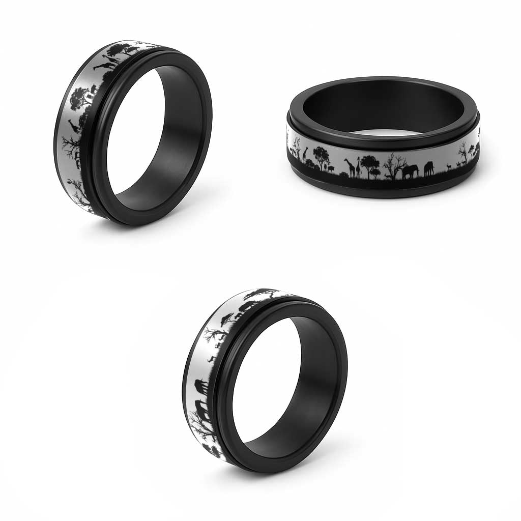 African Safari Animal Landscape Spinner Ring White Version - Wonder Print Shop