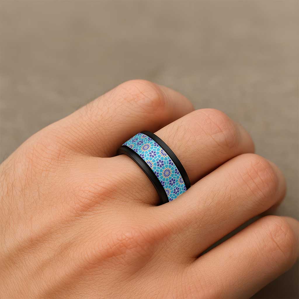 Blue Islamic Geometric Pattern Spinner Ring - Wonder Print Shop