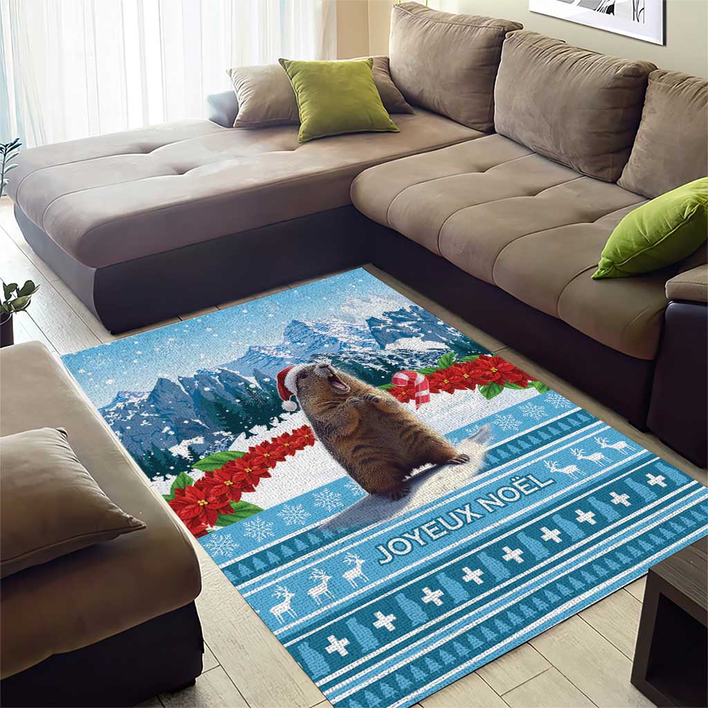 Blue Christmas marmot area rug with mountains, snowflakes, and Joyeux Noel border