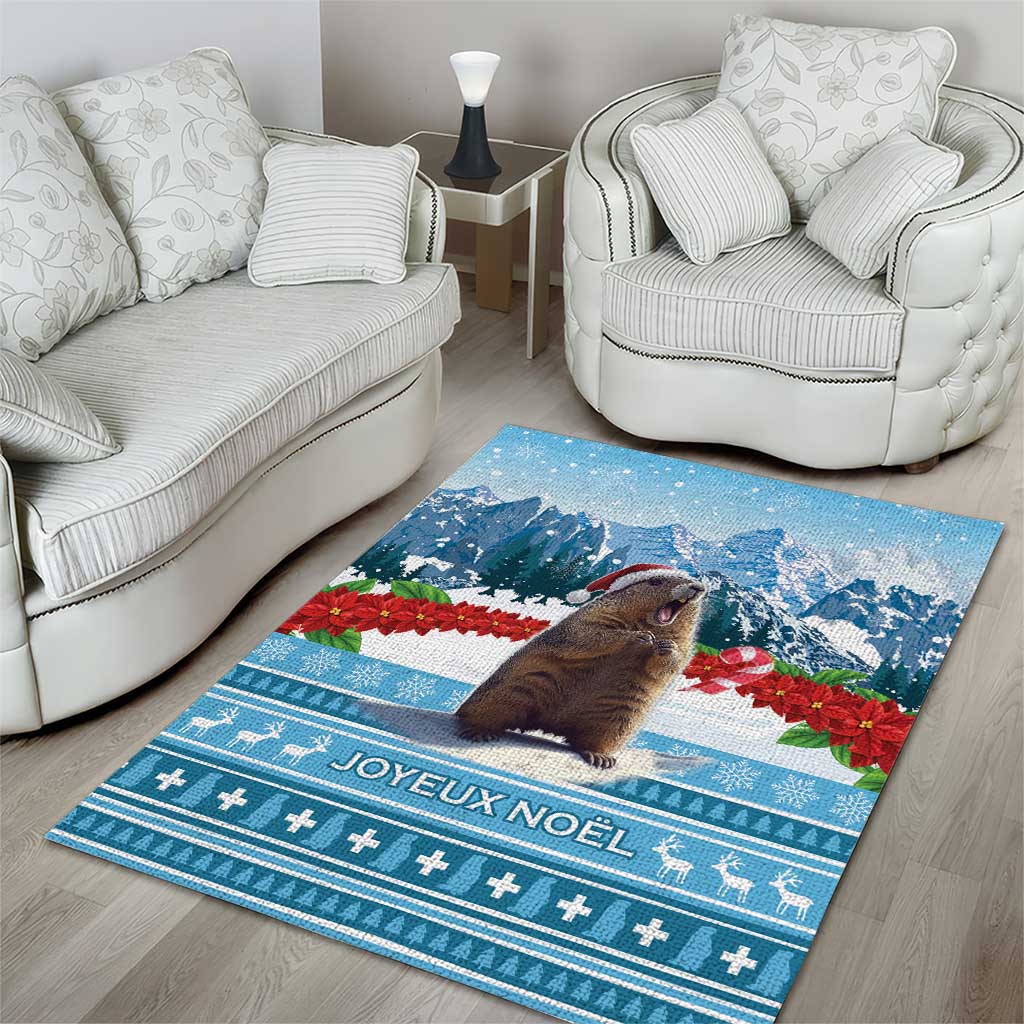 Blue Christmas marmot area rug with Joyeux Noel and snowy mountain design