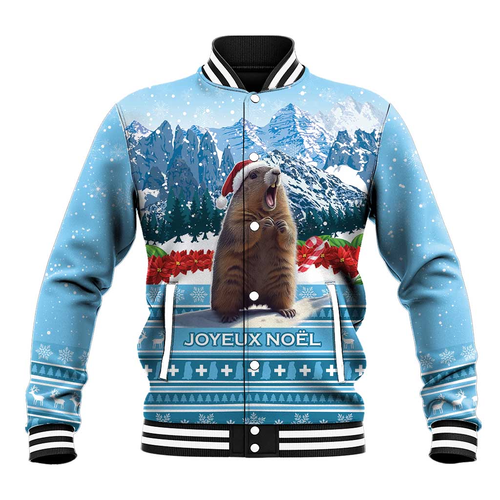 Blue baseball jacket with holiday marmot, mountains graphic, ribbed collar and cuffs