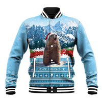 Blue baseball jacket with holiday marmot, mountains graphic, ribbed collar and cuffs