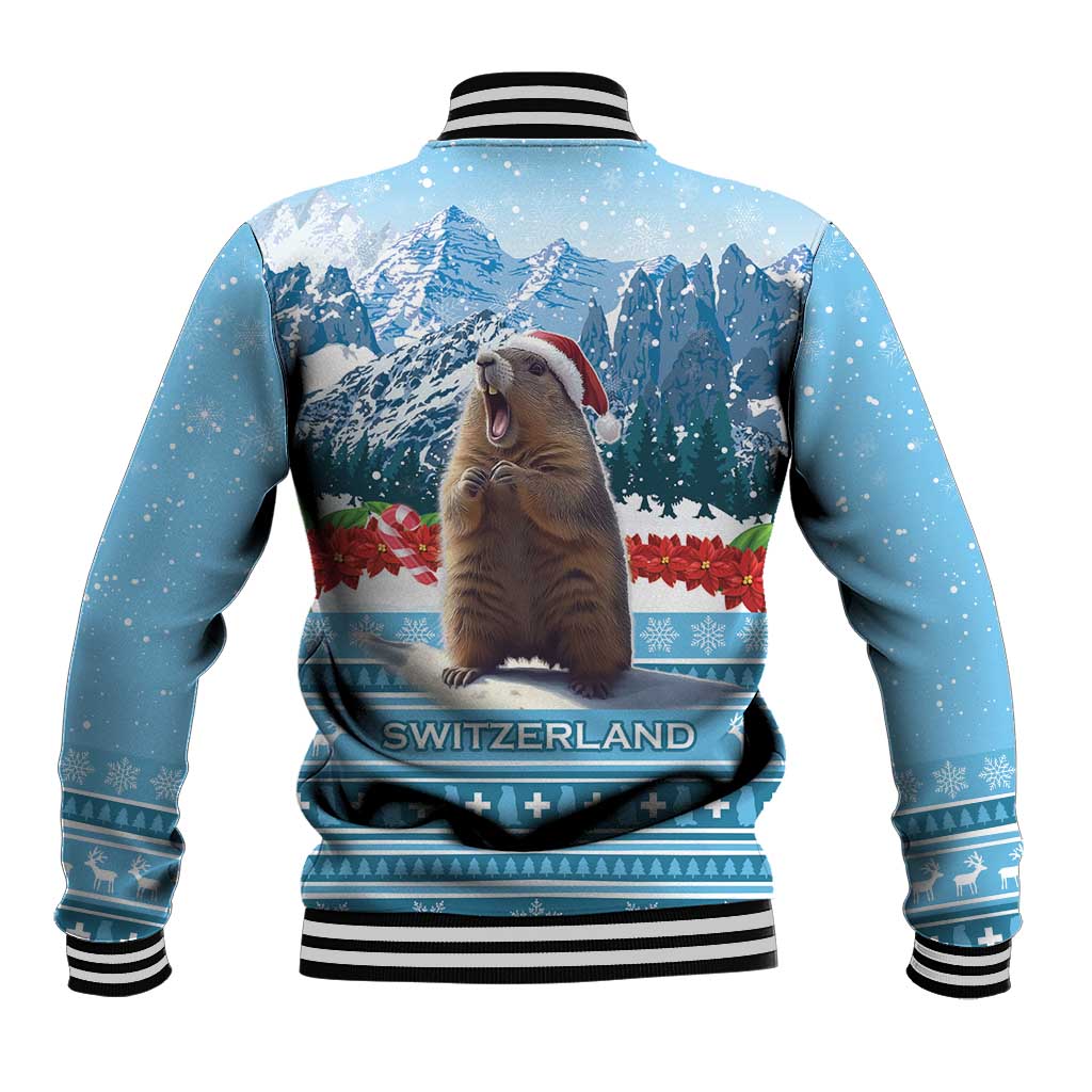 Blue baseball jacket back with Switzerland text, holiday marmot, mountains, ribbed hem