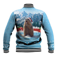 Blue baseball jacket back with Switzerland text, holiday marmot, mountains, ribbed hem