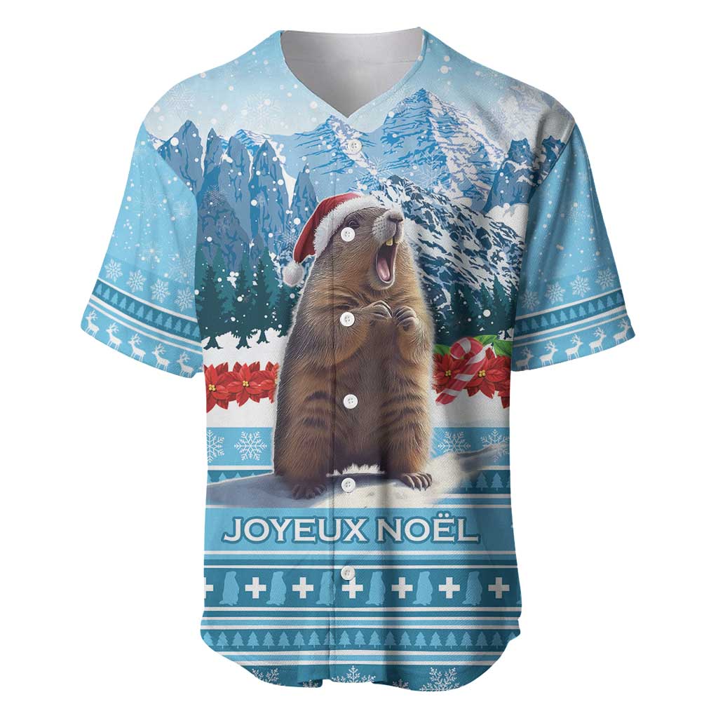 Blue baseball jersey with V-neck, button placket, and festive marmot print, snow theme