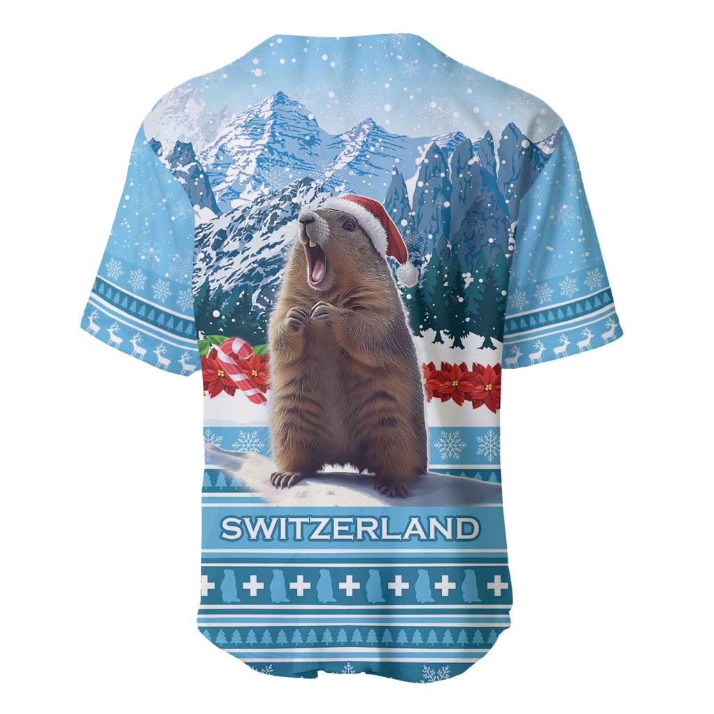 Blue baseball jersey back view with mountain and marmot holiday graphic, snowflake trim