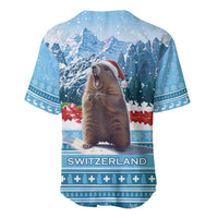 Blue baseball jersey back view with mountain and marmot holiday graphic, snowflake trim