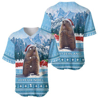 Blue baseball jersey set shown front and back, marmot holiday prints with snow trim