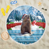 Round blue Christmas marmot beach blanket with Joyeux Noel print
