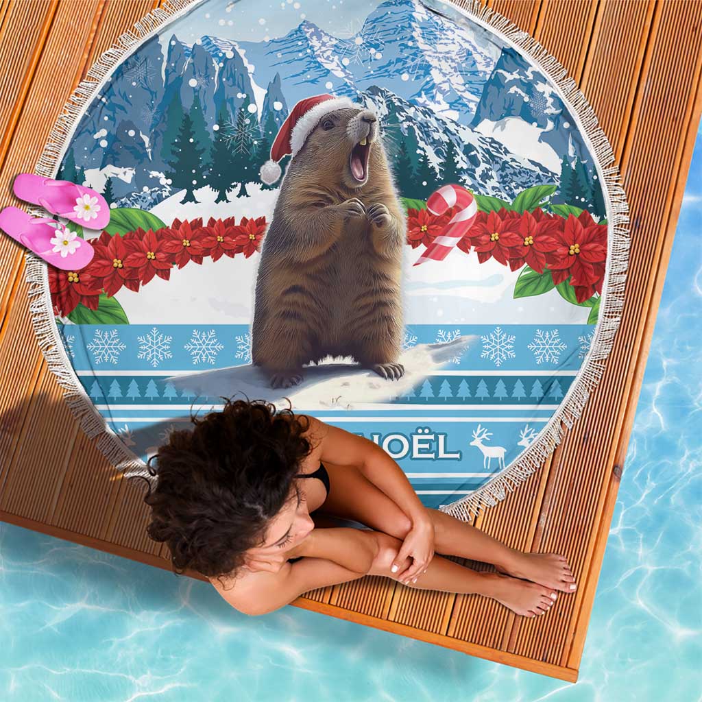 Round beach blanket with blue Christmas marmot print and mountain scene