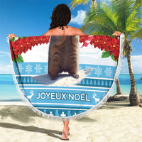 Round blue Christmas beach blanket with marmot graphic and Joyeux Noël text