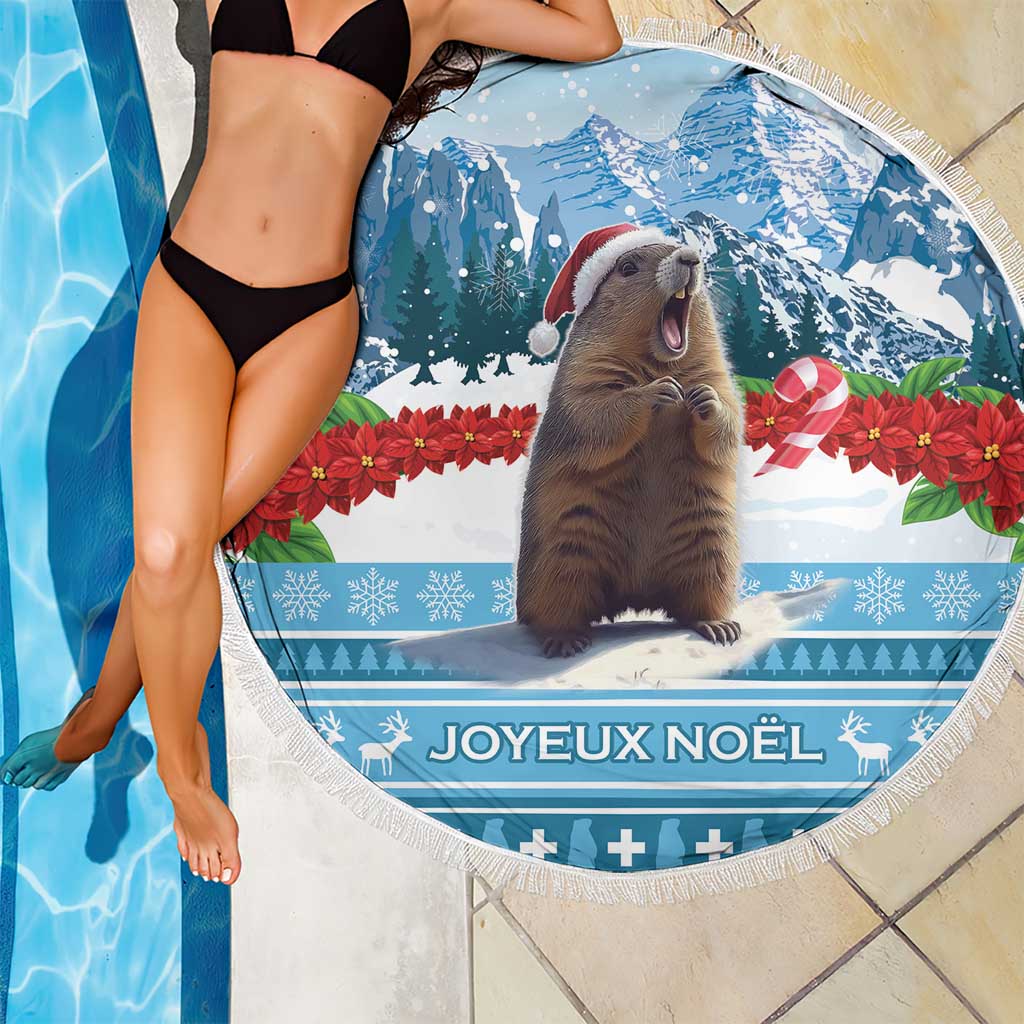 Round blue Christmas beach blanket with marmot and Joyeux Noel print
