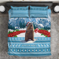Blue Christmas marmot bedding set with duvet cover, 2 pillowcases, mountains, and poinsettias
