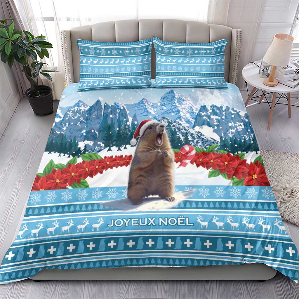 Blue Christmas bedding set with marmot and Joyeux Noel print