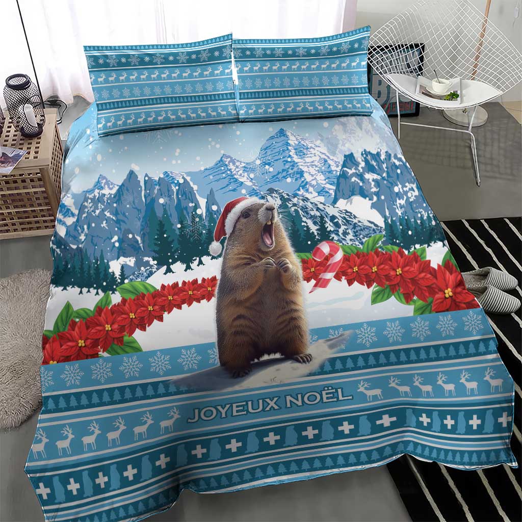 Christmas bedding set with marmot, blue mountain scene and Joyeux Noel border