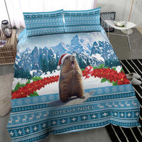 Christmas bedding set with marmot, blue mountain scene and Joyeux Noel border