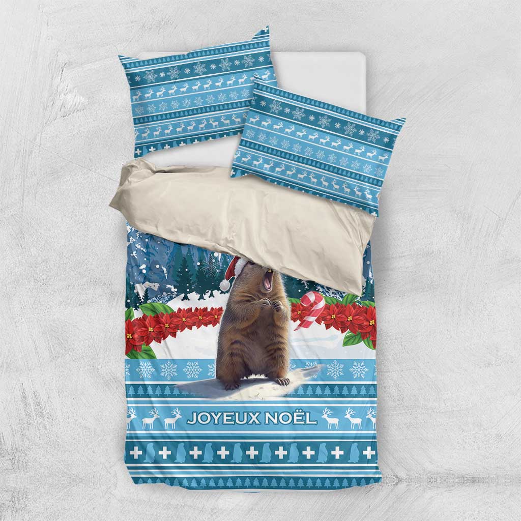 Blue Christmas marmot bedding set with Joyeux Noel text and matching pillow shams