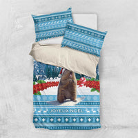 Blue Christmas marmot bedding set with Joyeux Noel text and matching pillow shams