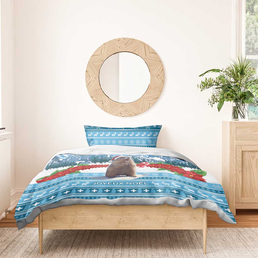 Blue Christmas marmot bedding set with Joyeux Noel lettering and matching pillowcase