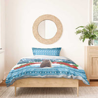 Blue Christmas marmot bedding set with Joyeux Noel lettering and matching pillowcase