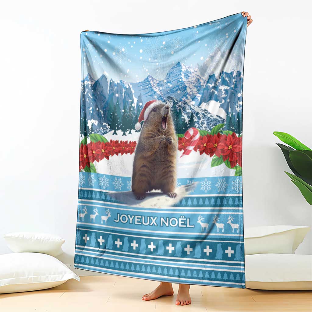 Blue Christmas marmot blanket with Joyeux Noël and Swiss mountain print