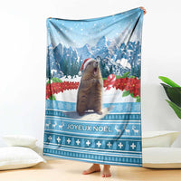 Blue Christmas marmot blanket with Joyeux Noël and Swiss mountain print