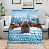 Christmas marmot blanket with blue winter scene and Joyeux Noel
