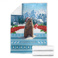 Blue Christmas blanket with marmot in Santa hat, snowy mountains and JOYEUX NOËL print
