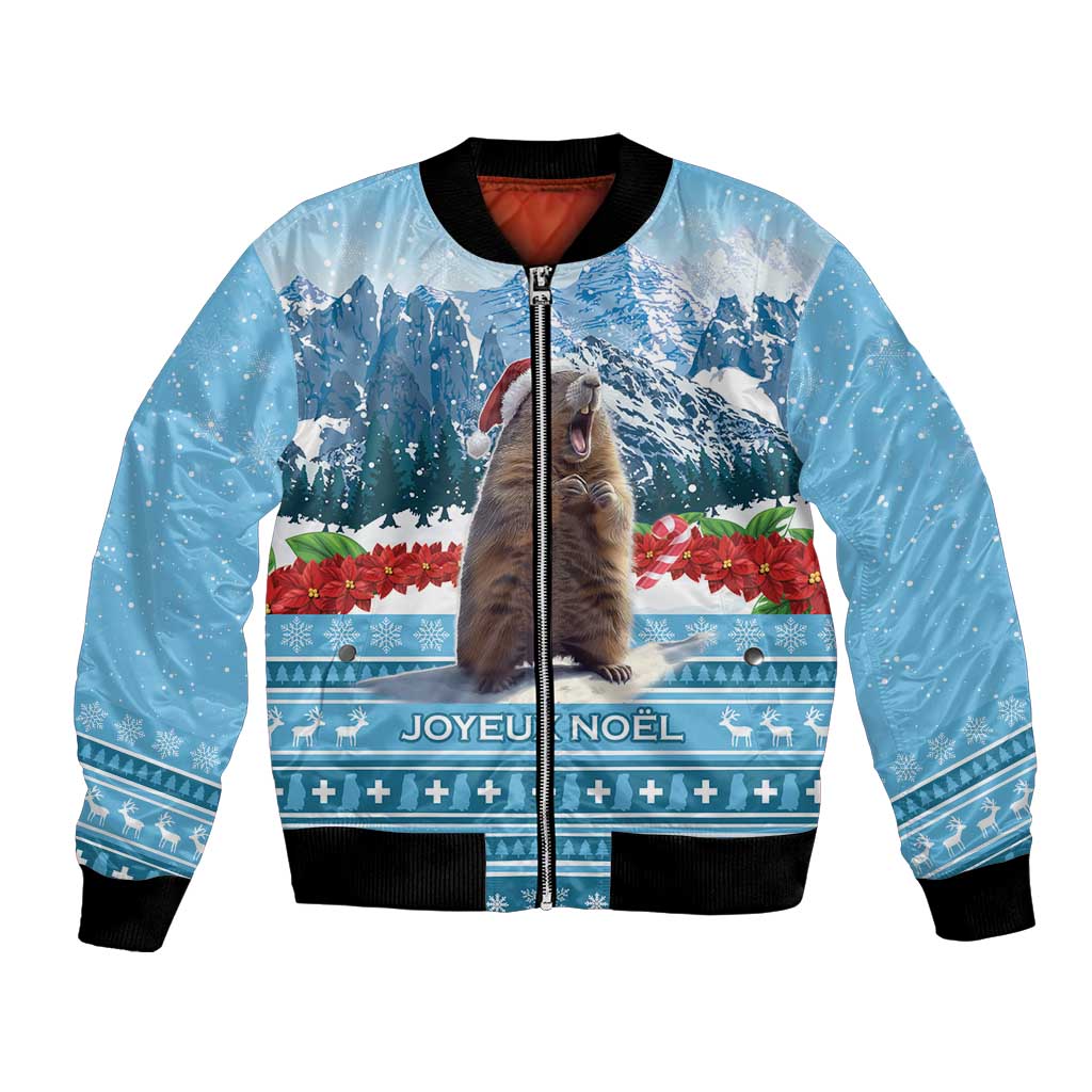 Unisex blue bomber jacket with full-zip and festive mountain marmot graphic, ribbed hem