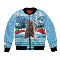 Unisex blue bomber jacket with full-zip and festive mountain marmot graphic, ribbed hem