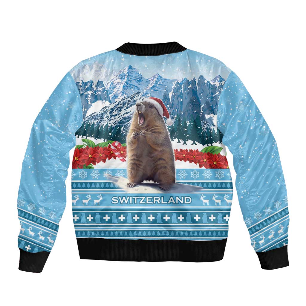 Unisex blue bomber jacket with mountain scenes and marmot graphic, ribbed cuffs