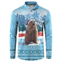 Blue men's button sweatshirt with marmot, snowy mountains, and JOYEUX NOEL graphic