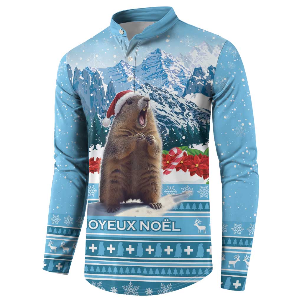 Blue men's button sweatshirt with marmot in winter scene and JOYEUX NOEL text