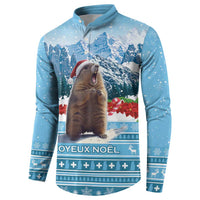 Blue men's button sweatshirt with marmot in winter scene and JOYEUX NOEL text